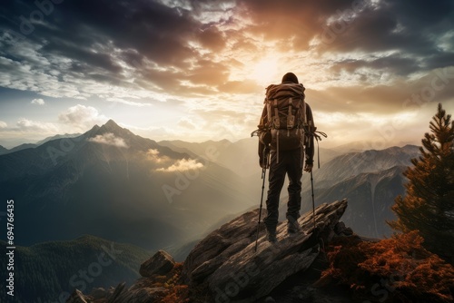 Adventurous Man mountain hiker. Sport person portrait in adventure equipment. Generate Ai