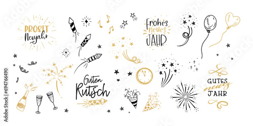 Fun hand drawn New Years Party doodles and german New Years Greetings - firework, paper streamers, cocktails and rockets , great for banners, wallpapers, textiles, wrapping - vector design photo