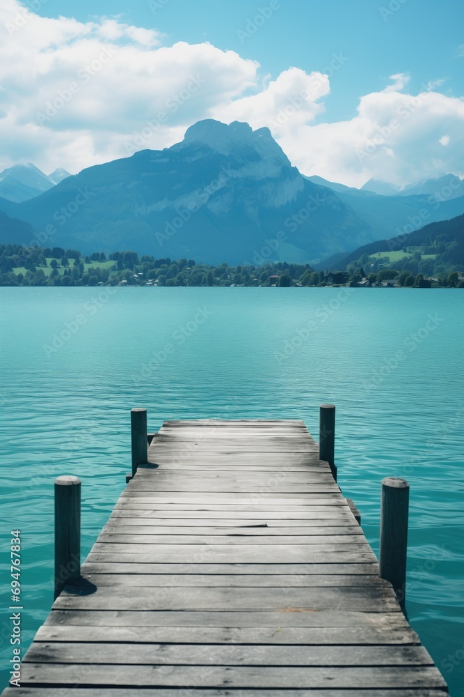 A serene wooden dock on a calm body of water, weathered and worn with age, under a vibrant blue sky. Majestic mountains create a stunning backdrop, making it a perfect nature travel destination