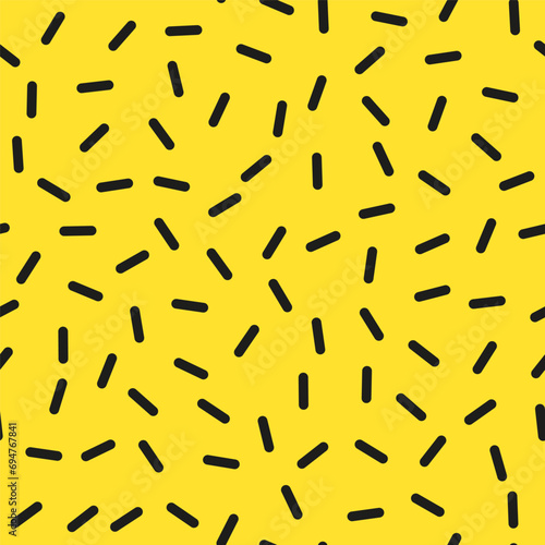 Simple minimalistic seamless pattern, black hand drawn cute lines on a bright yellow background. Sugar sprinkles, confetti.
