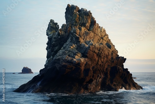 Mysterious Man sea rock. Water sunset. Generate Ai