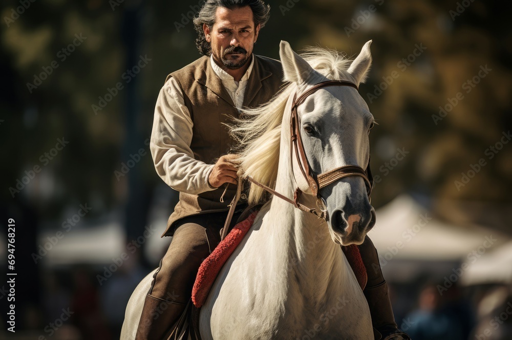 Obraz premium Man horse competition. Rider riding sportive. Generate Ai