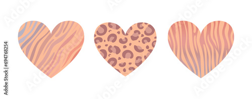 Set of hearts for Valentines Day. trendy color Peach Fuzz. With an animalistic pattern. Zebra, leopard, tiger. Safari. For stickers, posters, postcards, design elements