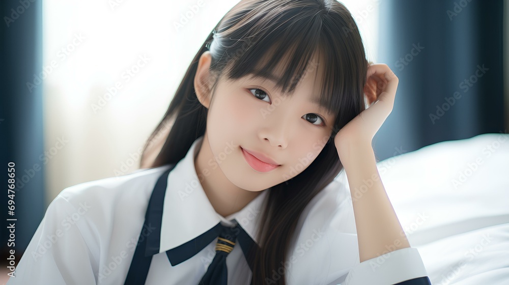 Happy Japanese Teenage Girl In A School Uniform Relaxing On A Bed At happy-japanese-teenage-girl-in-a-school-uniform-relaxing-on-a-bed-at