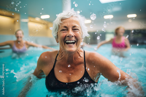 Active beautiful senior women enjoying aqua fit class in a pool © Kien