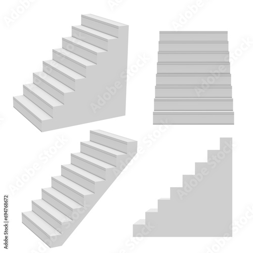 Many 3D White Stairs. Blank Mockup Set