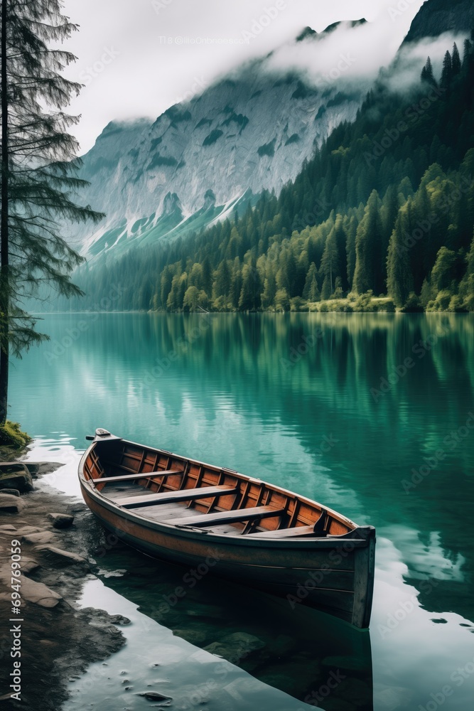A serene lake nestled amidst majestic mountains. An old, weathered rowboat rests on the tranquil turquoise waters. A reflection of nature's beauty in this vintage, rustic watercraft