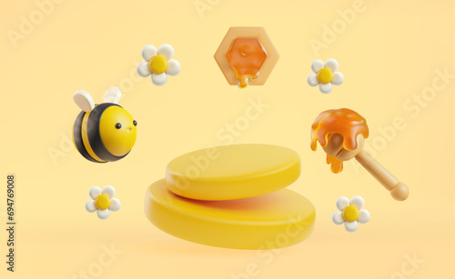 Honeycomb, honey dipper, flowers, bee and honey 3D vector illustration, realistic cartoon hexagon cells natural sweet food