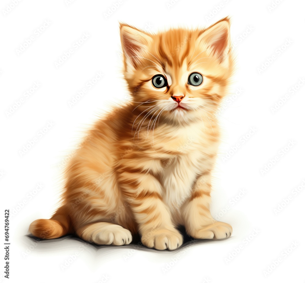 Fluffy orange kitten with bright blue eyes, gracefully posed on a pristine white background. Meticulously groomed with a soft, velvety texture. Adorable tiny paws and a neatly tucked, curled tail