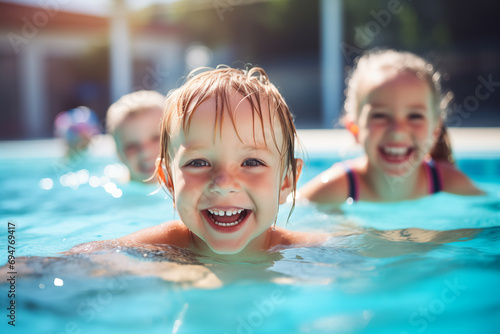young children enjoying swimming lessons in pool, learning water safety skills