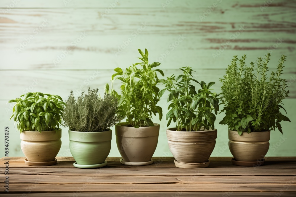 A serene wooden table adorned with pots of aromatic herbs - basil, rosemary, thyme, and mint. Green leaves and brown stems create a natural, earthy composition A serene wooden table adorned with pots of aromatic herbs - basil, rosemary, thyme, and mint. Green leaves and brown stems create a natural, earthy composition