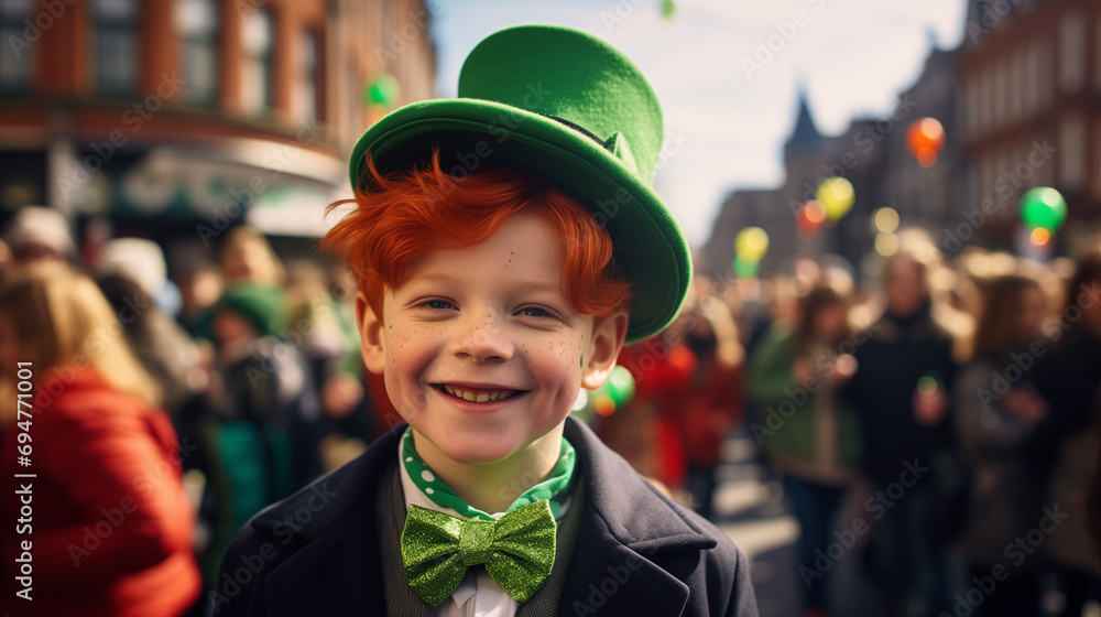 red-haired boy at the St. Patrick's Day parade red-haired boy at the St. Patrick's Day parade