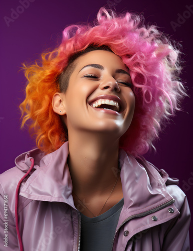 Sylish girl. female with red hair laughing on a pink wall, in the style of dark yellow and violet, hip-hop style.Ai