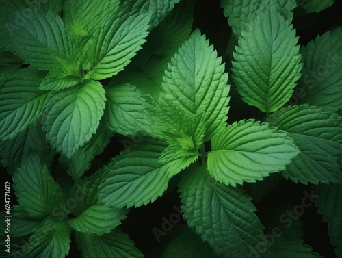 Vibrant green mint leaves with intricate veins on a black background. Hyper-realistic and sharply defined, the image showcases the refreshing and aromatic qualities of this herbal plant