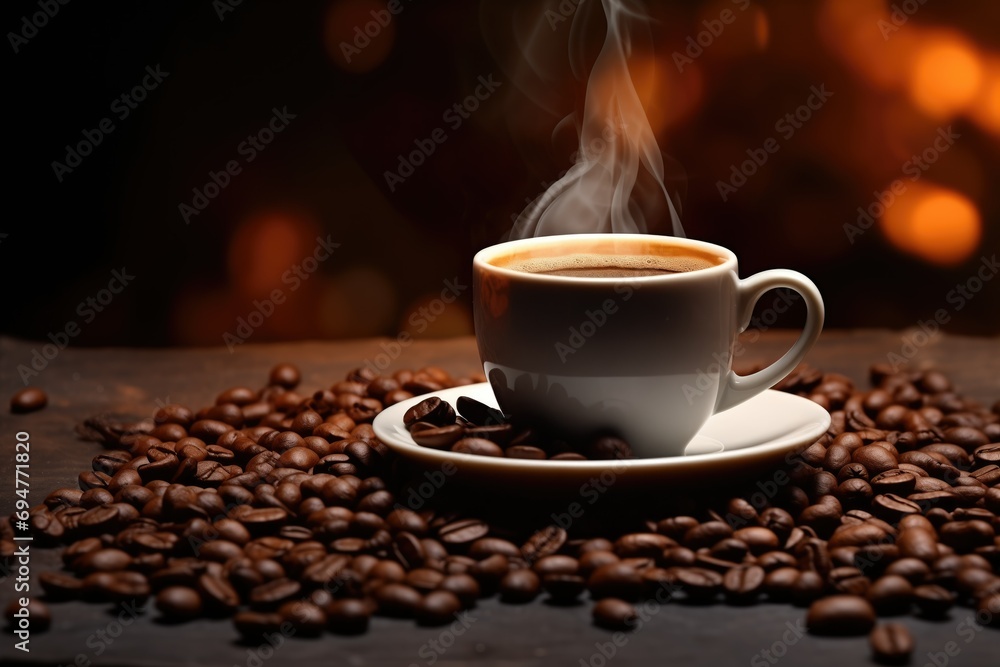 Dark coffee in a porcelain cup on a saucer, contrasting with glossy white. Black beans frame the rich liquid, adding texture to the organic background. A smoky haze adds mystery and depth Dark coffee in a porcelain cup on a saucer, contrasting with glossy white. Black beans frame the rich liquid, adding texture to the organic background. A smoky haze adds mystery and depth