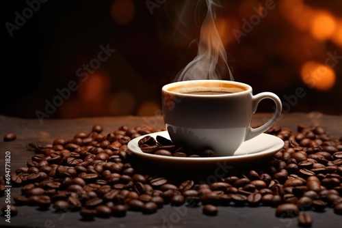 Dark coffee in a porcelain cup on a saucer, contrasting with glossy white. Black beans frame the rich liquid, adding texture to the organic background. A smoky haze adds mystery and depth