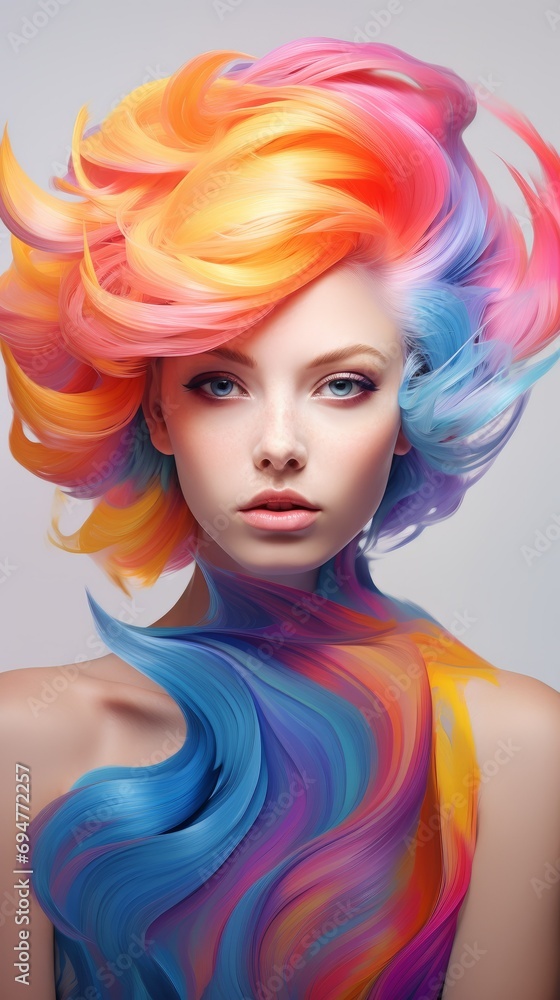 Obraz premium Close-up side profile portrait of a beautiful female model with a lush hairstyle, multicolored dyed hair on a white background. Fashion, colors, trends concepts.
