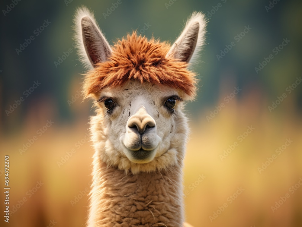 Lama in a grassy field with furrowed eyebrows, wide open eyes, and perked up ears. Detailed brown and white fur, lush green grass, and sharp detail. Wildlife photography