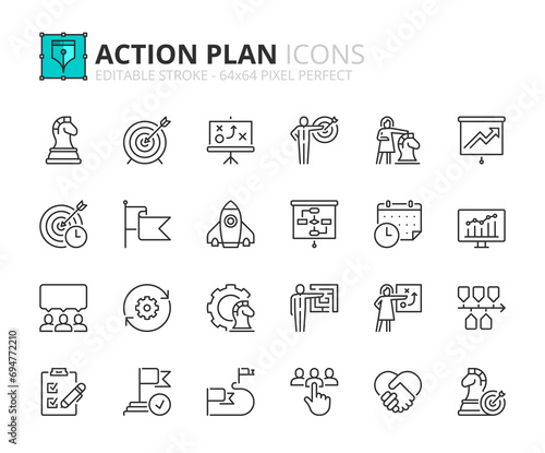 Line icons about action plan. Pixel perfect 64x64 and editable stroke