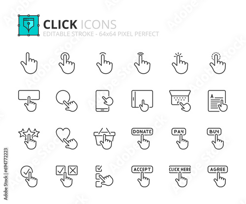 Line icons about click. Pixel perfect 64x64 and editable stroke