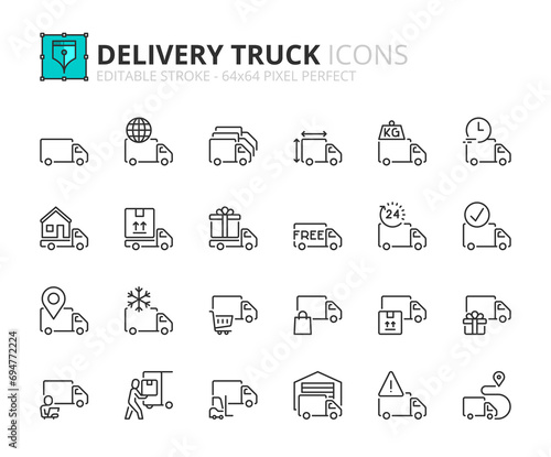 Simple set of outline icons about delivery truck