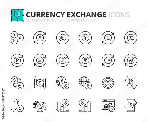 Simple set of outline icons about currency exchange