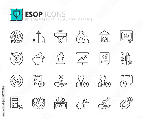 Simple set of outline icons about ESOP employee stock ownership plan