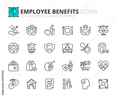 Line icons about employee benefits. Pixel perfect 64x64 and editable stroke
