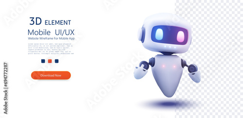 Futuristic Floating Robot with Illuminated Visor and Hovering Body on Transparent Background. 3d Robot chatbot, AI in science and business. Vector illustration