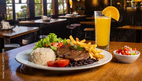 Refeição completa de prato feito com arroz, feijão, bife e salada em retaurante
