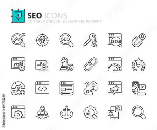 Line icons about SEO. Pixel perfect 64x64 and editable stroke