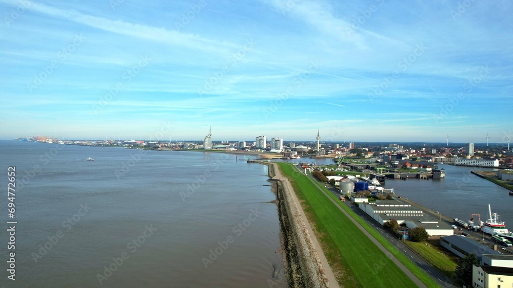 Bremerhaven - Aerial view with a panoramic view of the port city's skyline