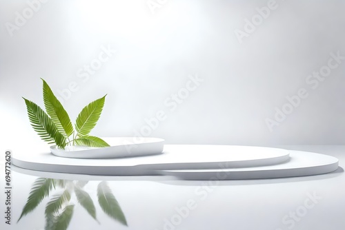 White product display podium with shadow nature leaves on white background.