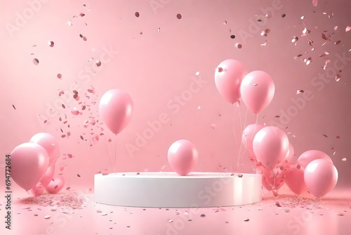 Product display podium with pink balloons and confetti on pink background