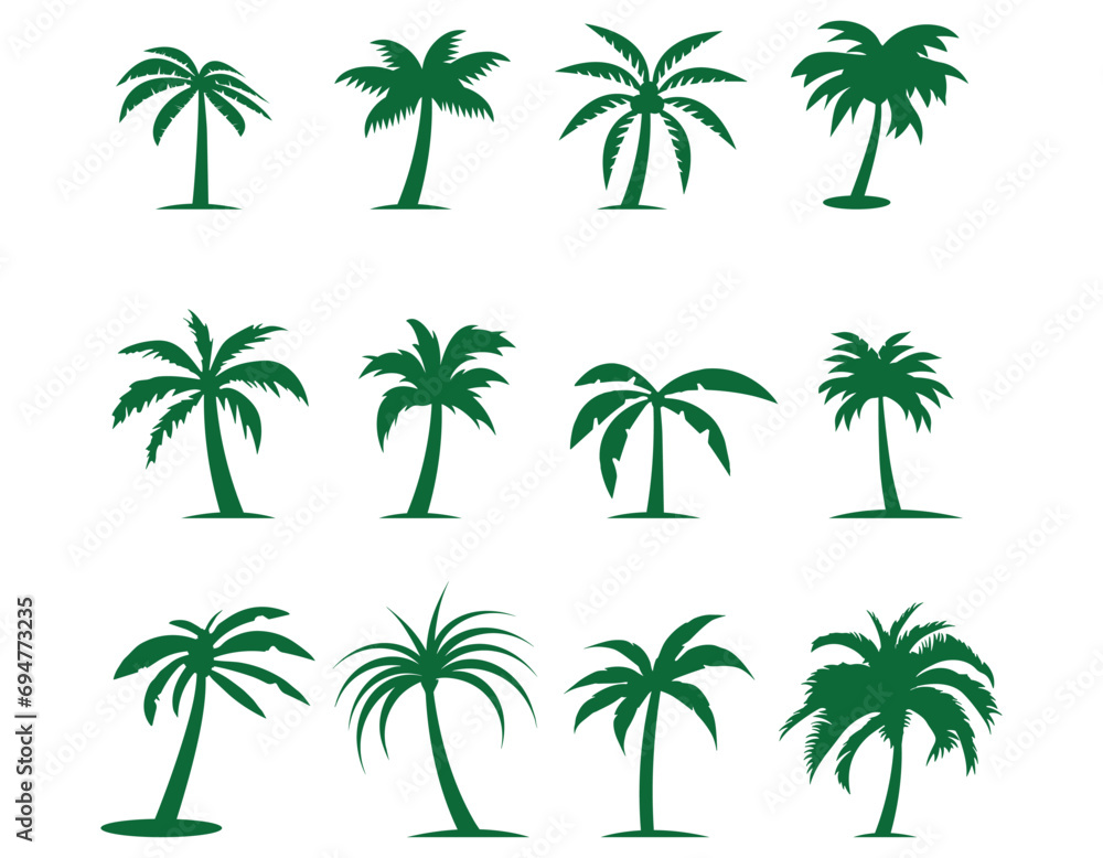 Black palm trees are set isolated on a white background. Palm silhouettes. Design of palm trees for posters, banners, and promotional items. Vector illustration