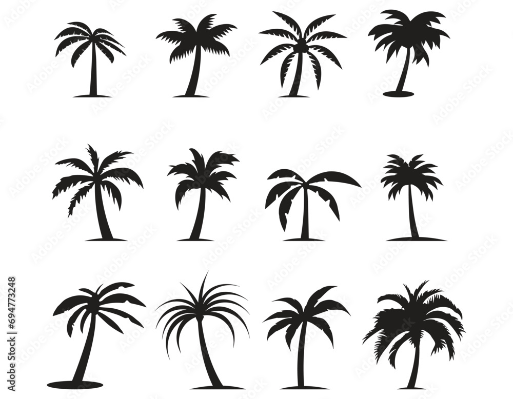 Black palm trees are set isolated on a white background. Palm silhouettes. Design of palm trees for posters, banners, and promotional items. Vector illustration