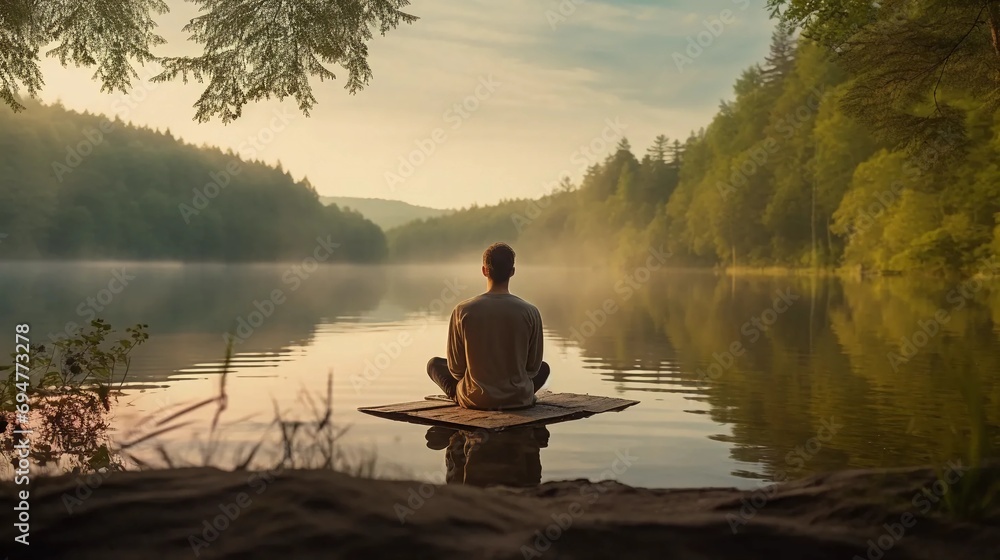 Man meditating by the lake, connection with nature, spiritual peace and harmony