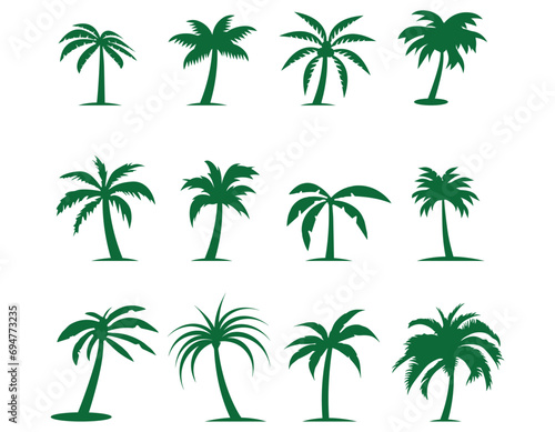 Black palm trees are set isolated on a white background. Palm silhouettes. Design of palm trees for posters  banners  and promotional items. Vector illustration