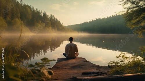 Man meditating by the lake, connection with nature, spiritual peace and harmony