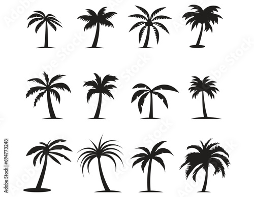 Black palm trees are set isolated on a white background. Palm silhouettes. Design of palm trees for posters  banners  and promotional items. Vector illustration