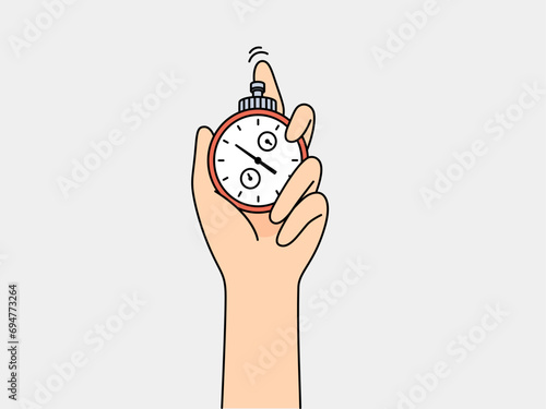 Stopwatch in hand of person tracking speed of athlete or productivity of company employee. Concept of importance of increasing productivity and meeting deadlines on time to achieve career success