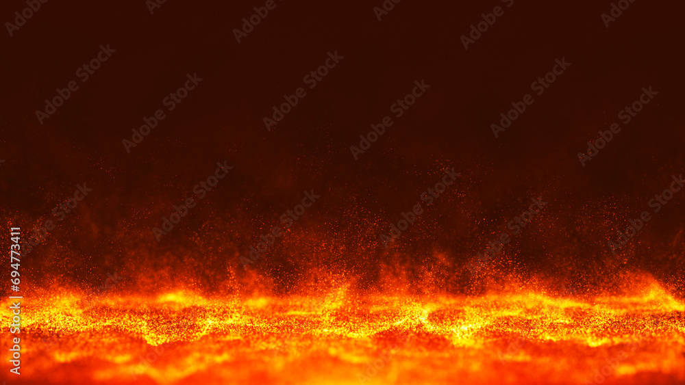 Fiery sparks on a dark background. Glowing sparks fly upward. Realistic fire, sparks and flames. Yellow and red light effect. Fiery orange glowing flying particles on a black background in 4k