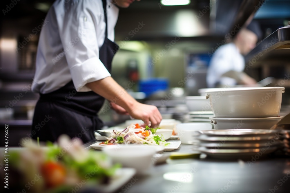 Chef in uniform preparing salad in professional kitchen in restaurant. Chef in uniform preparing salad in professional kitchen in restaurant.