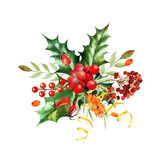 Watercolor illustration of a New Year's composition of holly, rowan, rosehip. Hand drawn for decorating cards, frames, advertising, notices, etc.