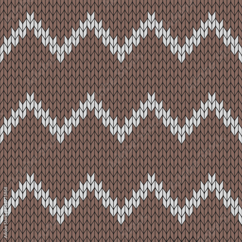Brown background and white zigzag on knitted pattern. knitted vector pattern. Seamless gradient pattern for clothing, wrapping paper, backdrop, background, gift card.	