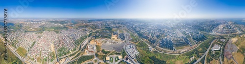 Istanbul, Turkey. Summer panorama of the city from the air on a sunny day. Dormitory and industrial areas of the city. District of Ikitelli. Panoramic 360. Aerial View