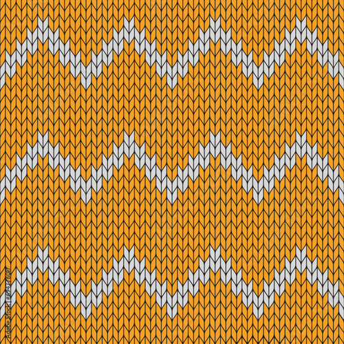 Orange background and white zigzag on knitted pattern. knitted vector pattern. Seamless gradient pattern for clothing, wrapping paper, backdrop, background, gift card.	