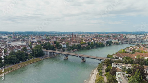 Basel, Switzerland. Basel Cathedral. Basel is a city on the Rhine River in northwestern Switzerland, near the borders with France and Germany, Aerial View