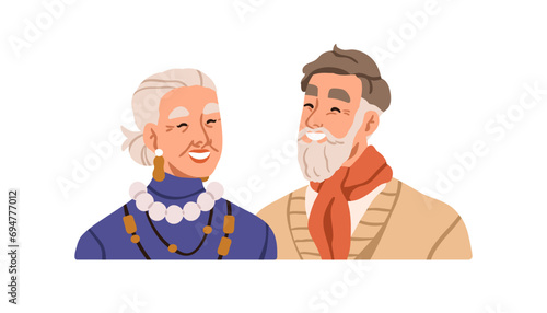 Happy old couple. Senior woman and man smiling, laughing. Stylish fashion elderly spouse, family. Joyful aged retired wife and husband. Flat graphic vector illustration isolated on white background