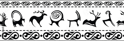Ethnic seamless border on the theme of rock paintings, vector design, banner	